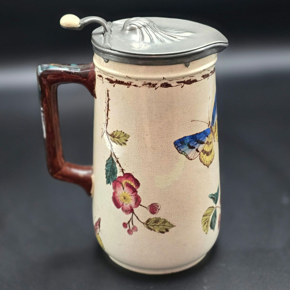 Vintage Ceramic Pewter Lidded Pitcher Jug